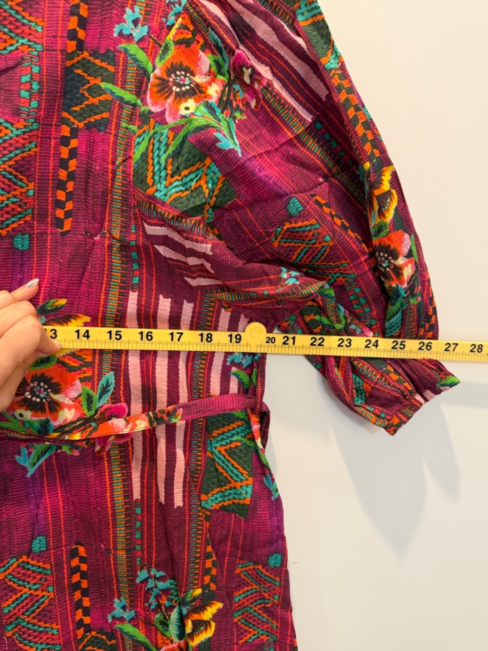 Ro’s Garden Printed Bordeaux Floral Midi Dress with Puff Sleeves Tie Waist - Picture 5 of 5